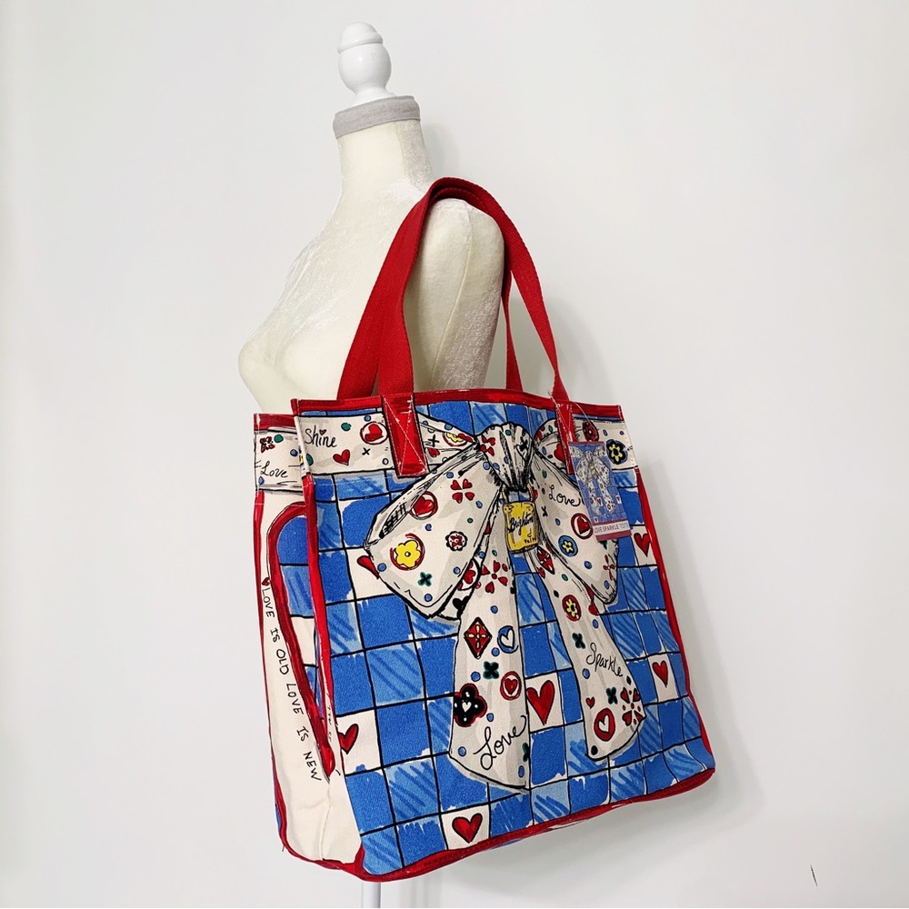 Brighton “Love Sparkle” Heavy Canvas Tote All Over Print Valentine Ribbon Cat